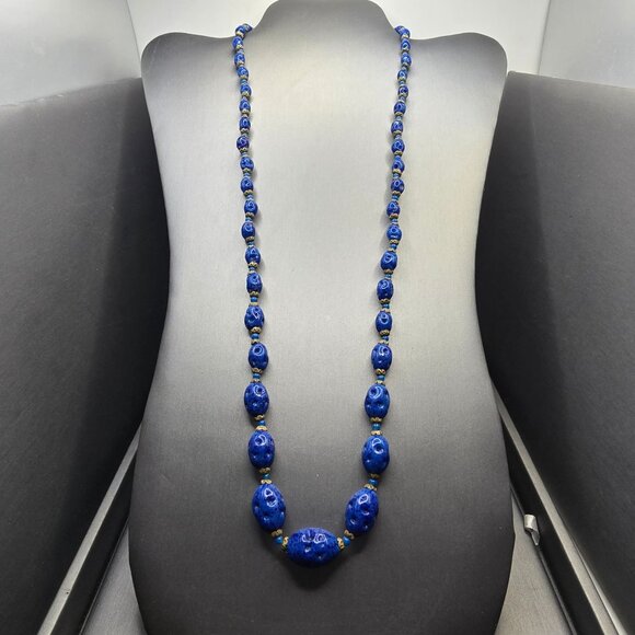 VTG Czech ‘Lapis’ Art Glass Necklace 26" Graduated Nugget Beads Brass Caps 1950s - Picture 2 of 12